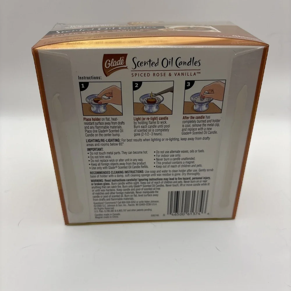 Glade Scented Oil  Candles Spiced‎ Rose & Vanilla Glass Holder & 2 Oil Refills